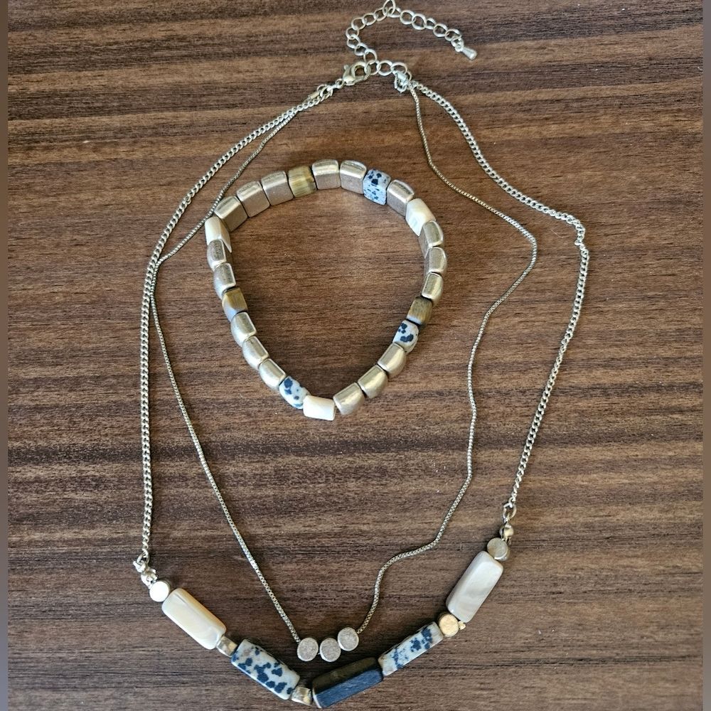 Semi Precious Stone Gold Toned necklace and matching bracelet Set Minimalist